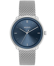 Unisex Fluid Interchangeable Strap in Blue Genuine Leather Strap and Stainless Steel Mesh Bracelet Watch, 40mm