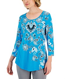 Petite 3/4-Sleeve Flourishing Sprout Top, Created for Macy's