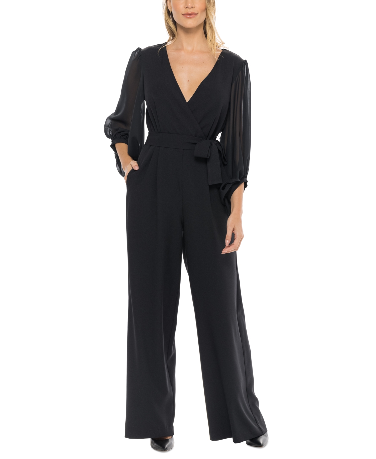 Shop Donna Ricco Women's Surplice-neck Balloon-sleeve Jumpsuit In Black