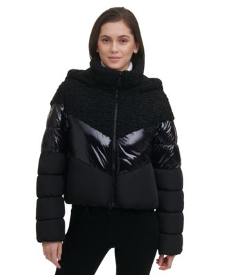 Women's Mixed-Media Hooded Cropped Puffer Jacket