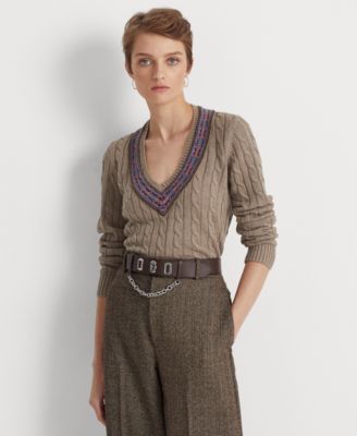 Lauren Ralph Lauren Women's Cable-Knit Cricket Sweater - Light Teal Heather Multi - Size S