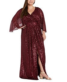 Plus Size V-Neck Flare-Sleeve Sequin Gown