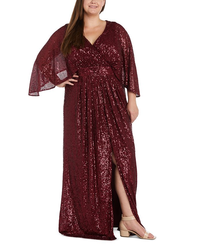 Nightway Plus Size V-Neck Flare-Sleeve Sequin Gown - Macy's