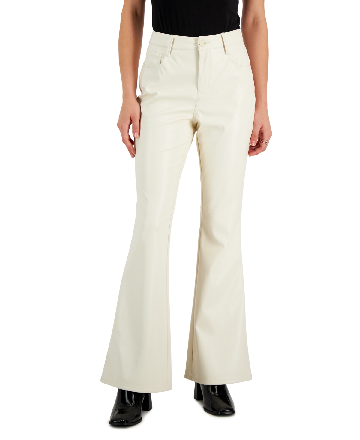 Juniors' Glossy High Rise Faux-Leather Flare Jeans - Winter White