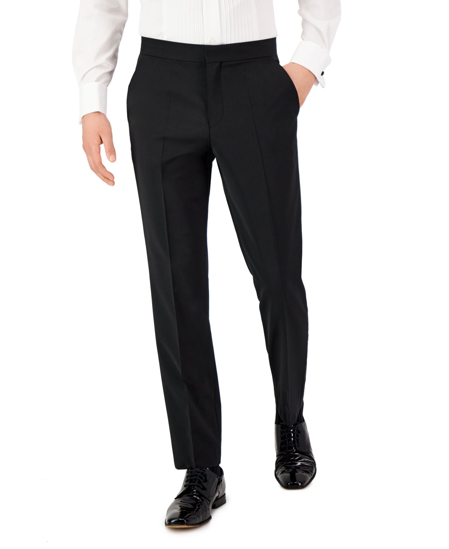 Мужские брюки Hugo Boss Men Unfinished Hem Modern-Fit Wool Blend Super Flex Stretch Tuxedo Pant, цвет: Чёрный — фото 1