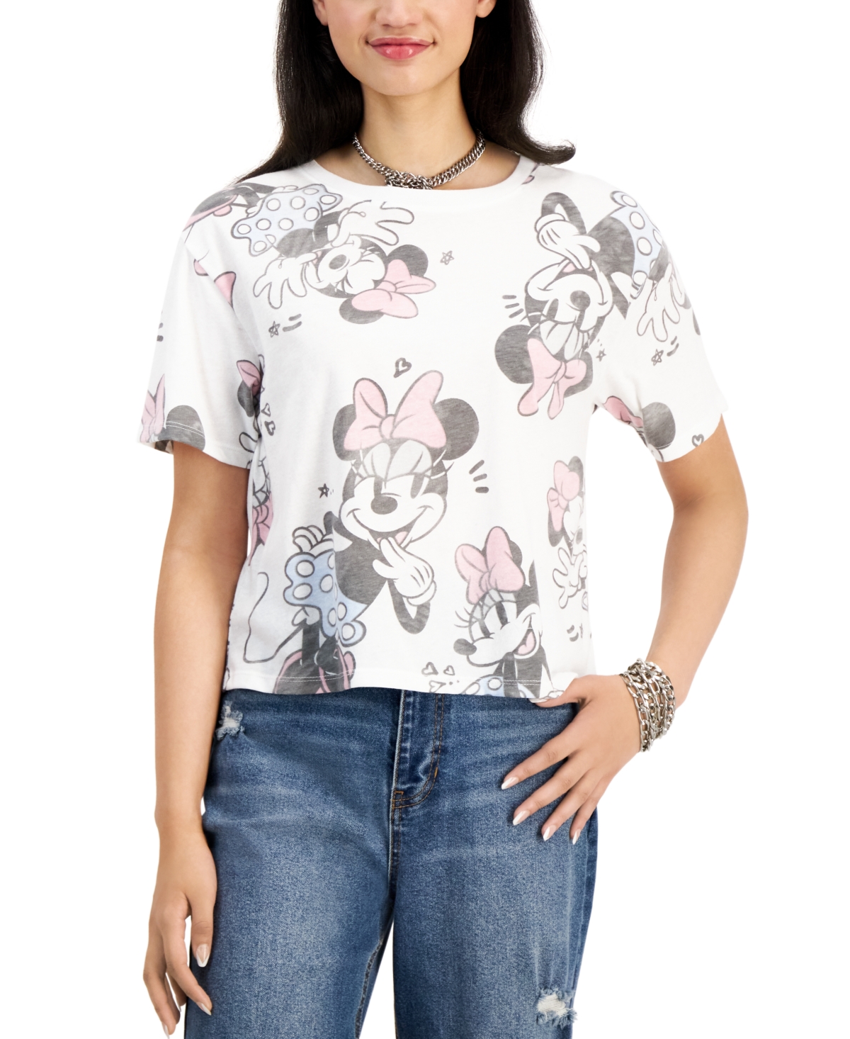 Disney Juniors' Minnie-print Short-sleeve Crop Top In White