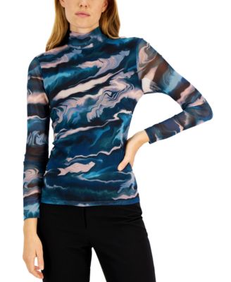 Anne Klein - Women's Printed Mesh-Sleeve Mock-Neck Top