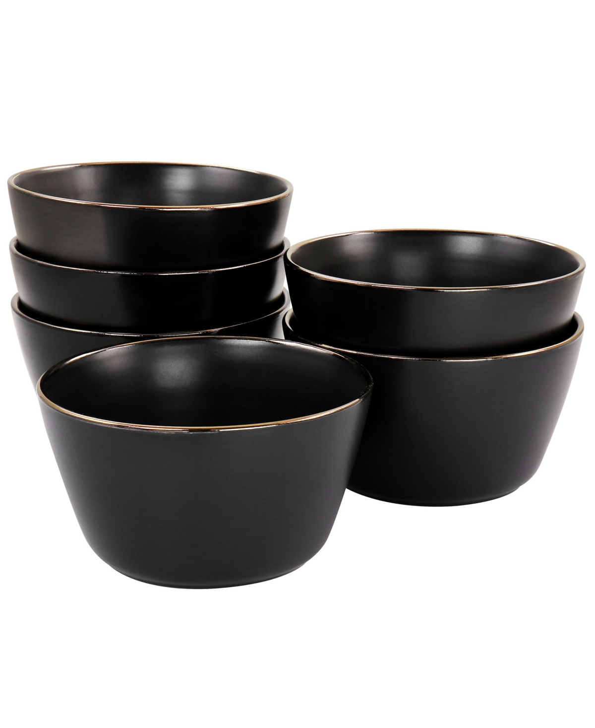 Flat, Raised Rim, Gold-Tone Trim Mateo 6 Piece Stoneware Bowl Set, Service for 6 - Matte Black with Gold Rim