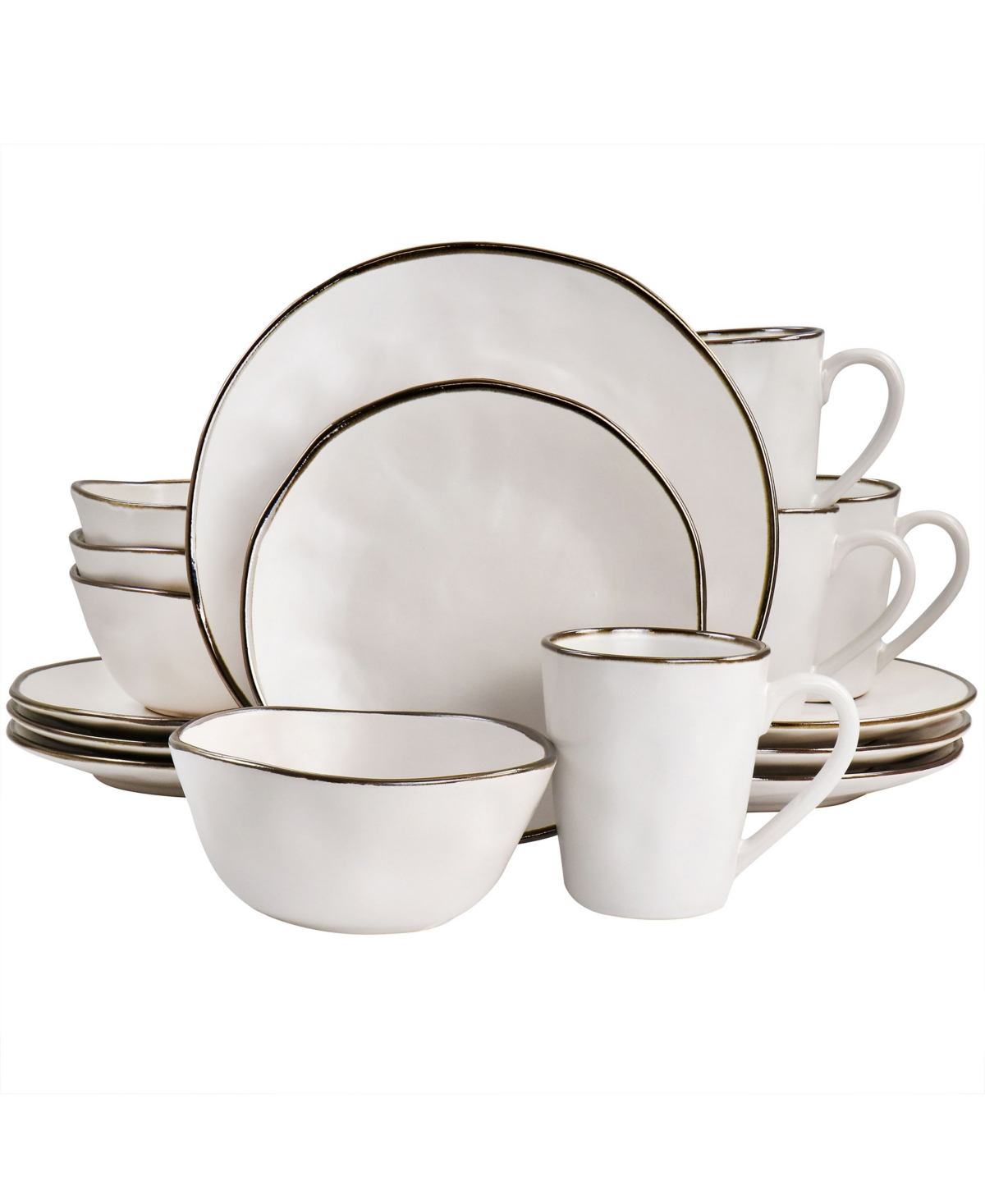 Textured, Uneven Dimpled Design Ricardo 16 Piece Stoneware Dinnerware Set, Service for 4 - Matte White with Gold-Tone Rim