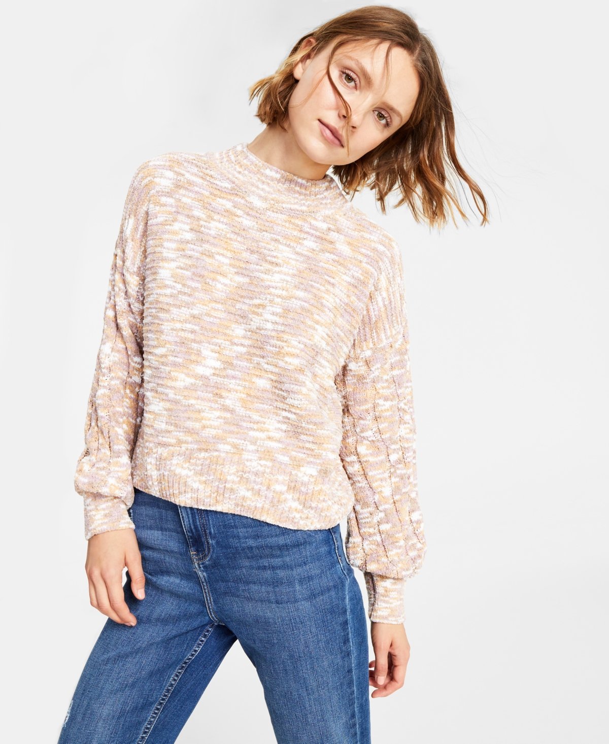 Hippie Rose Juniors' Chenille Space-dye Mock-neck Sweater In Mauve Spacedye