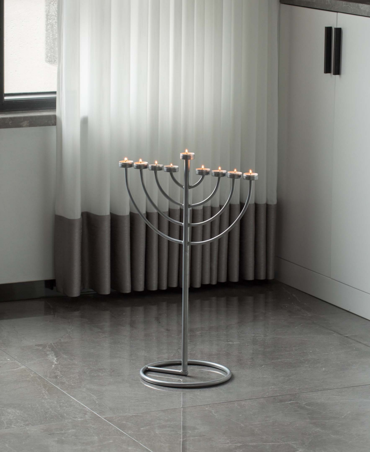 Modern 9 Branch Lighting Thin Pipe Hanukkah Menorah, Small