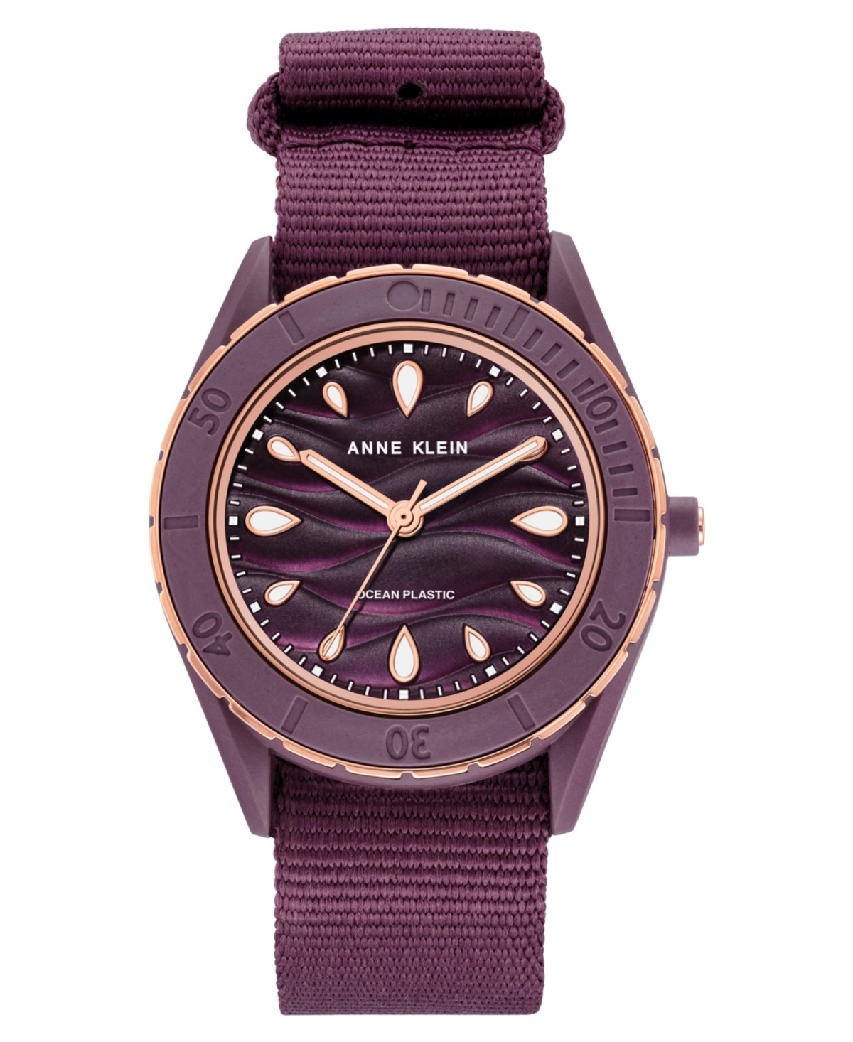 Anne Klein Women's Three-hand Quartz Purple Oceanwork Plastic Bracelet Watch, 38.5mm In Rose Gold-tone,purple