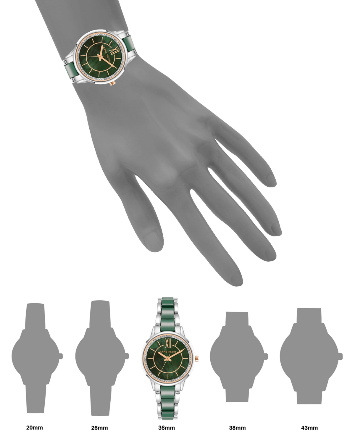 Anne Klein Women's Three-Hand Quartz Silver-Tone Alloy with Green Ceramic Bracelet Watch, 32mm - Silver-Tone, Green
