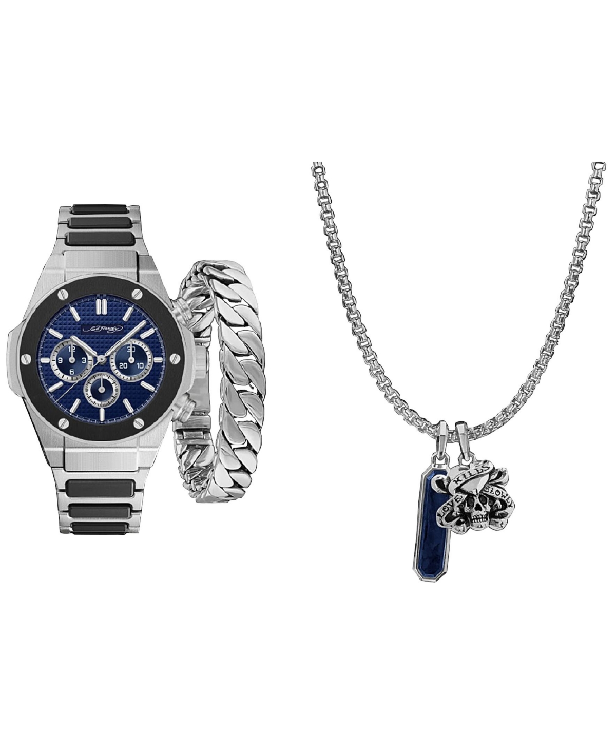 Shop Ed Hardy Men's Two-tone Metal Bracelet Watch 52mm Gift Set In Matte Navy,two-tone