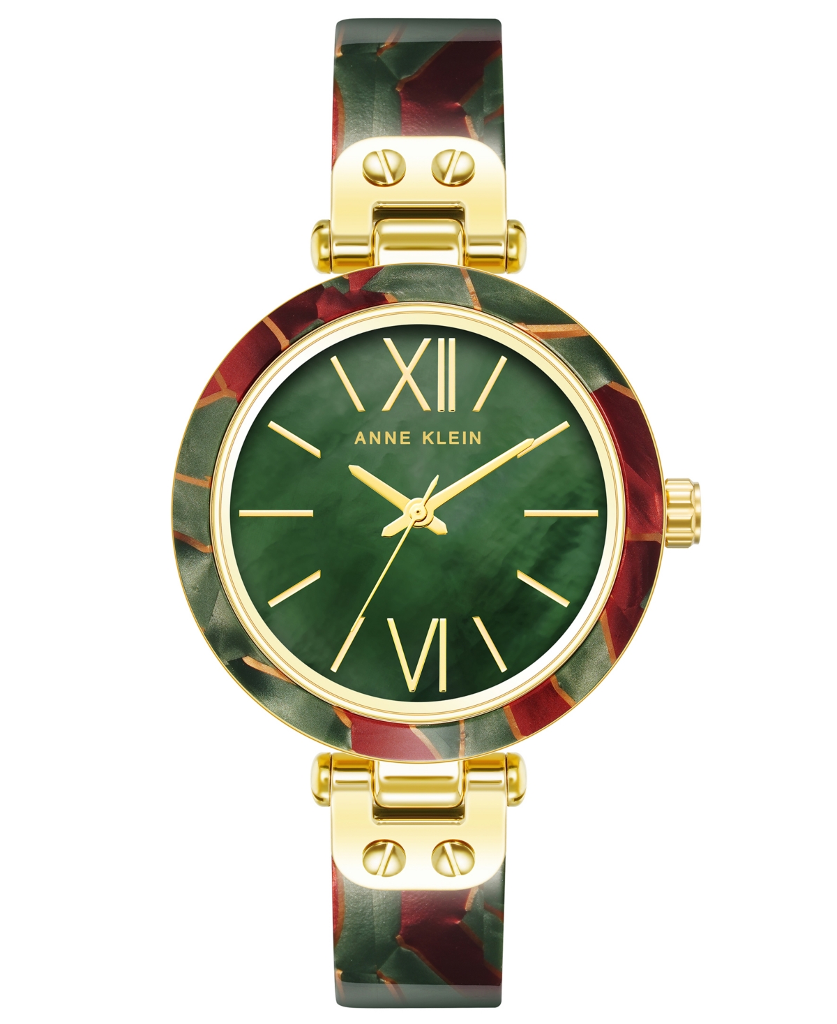 Anne Klein Women's Three-hand Quartz Green And Burgundy Resin With Gold-tone Alloy Accents Bangle Watch, 34mm In Gold-tone,green,burgundy