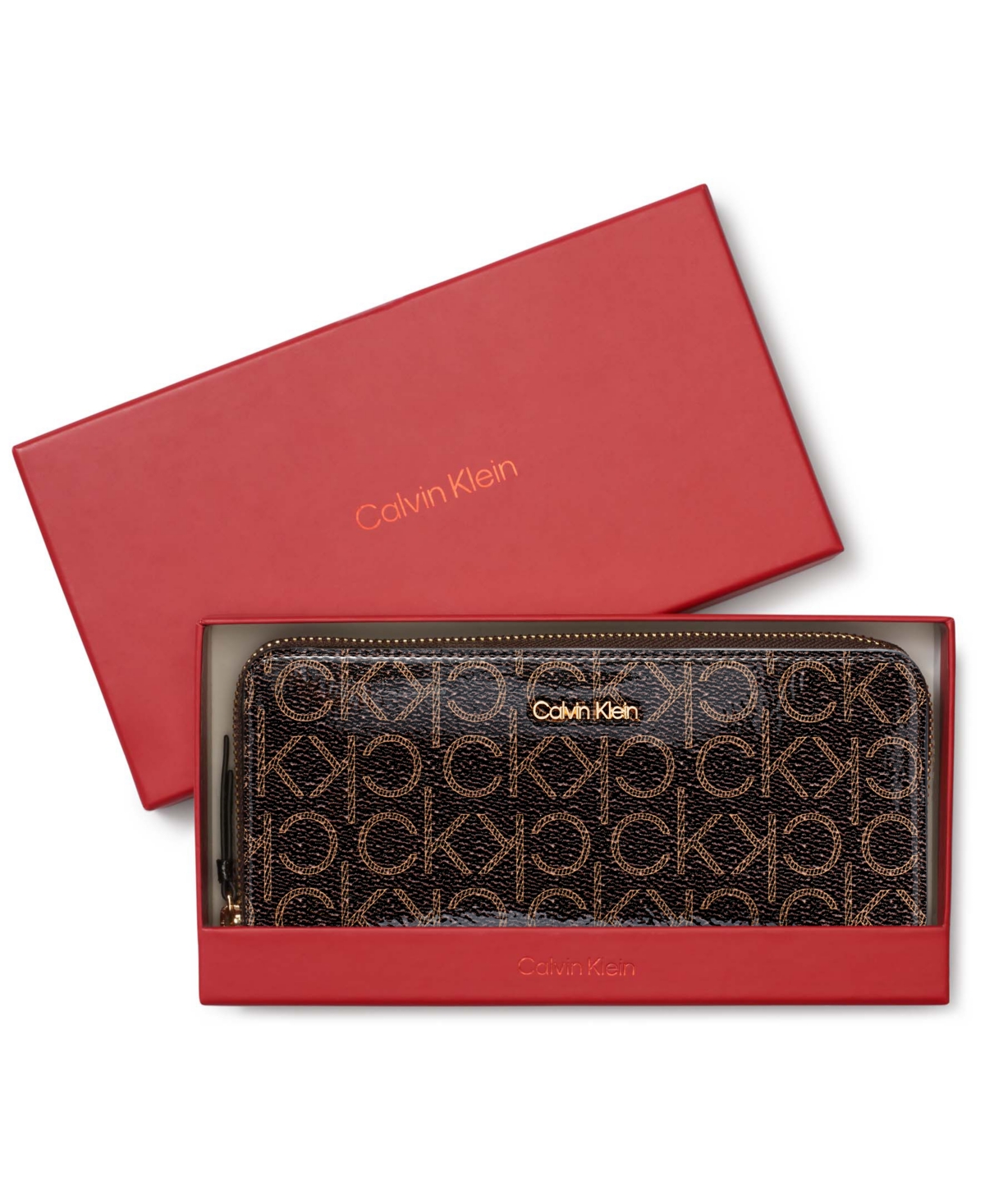 Calvin Klein Gift Boxed Estelle Signature Patent Wallet In Brown Khaki,black