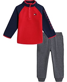 Toddler Boys Winter Fleece Colorblock Semi-Zip Mock-Neck Pullover and Fleece Jogger Pants, 2 Piece Set