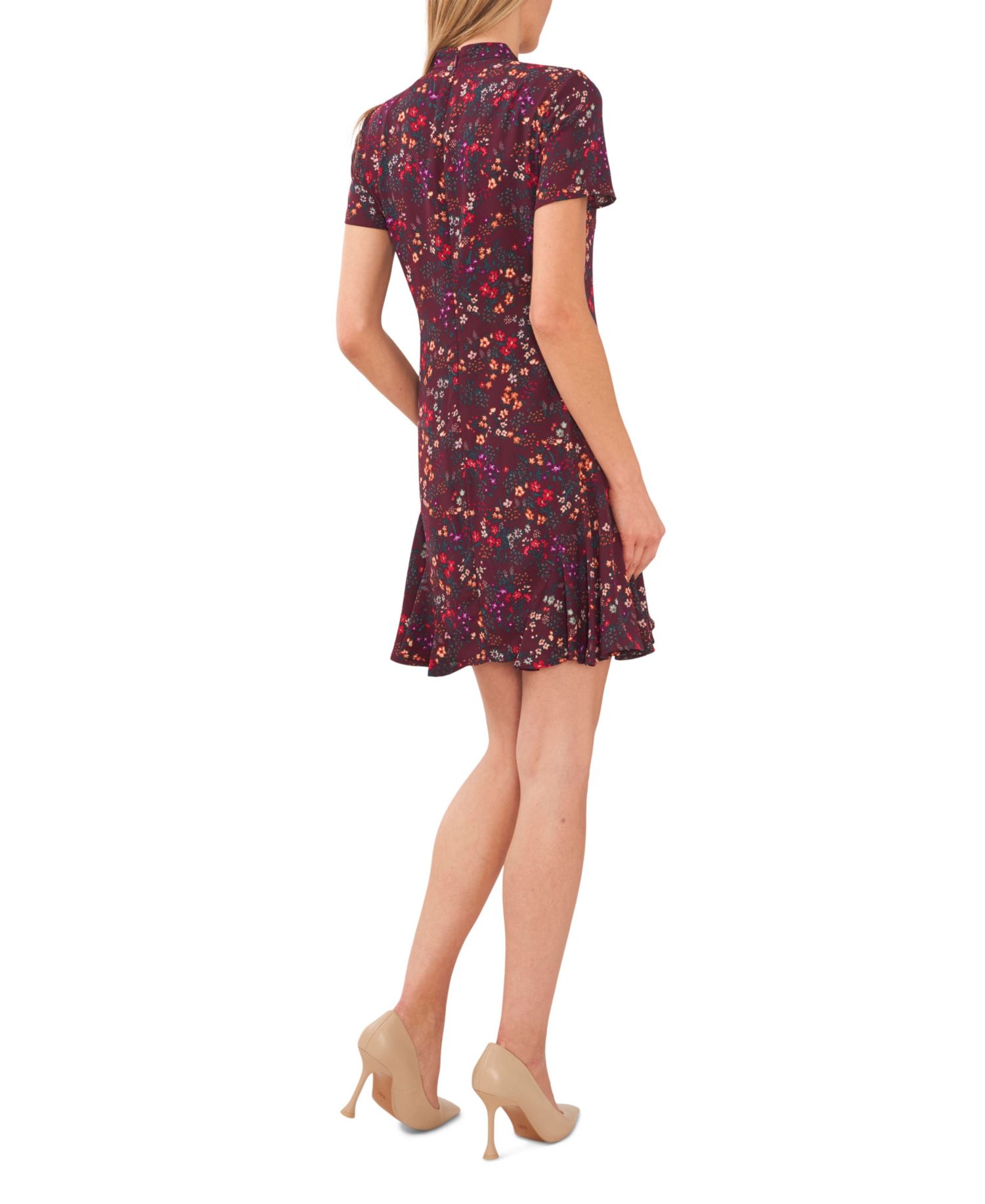 Women's Short Sleeve Printed Godet Dress With Bow Neck