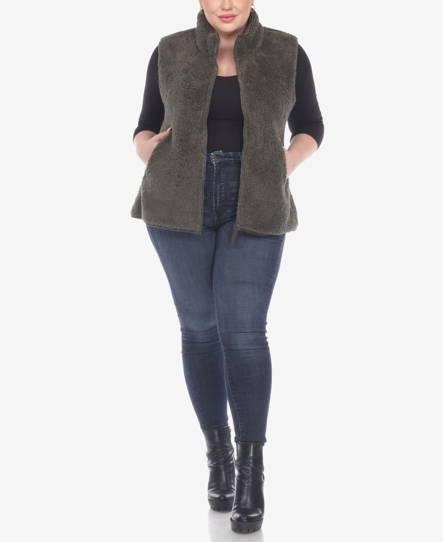 Женская куртка White Mark Plus Size Zip Up Sherpa Vest, цвет: Армейский зелёный — фото 3