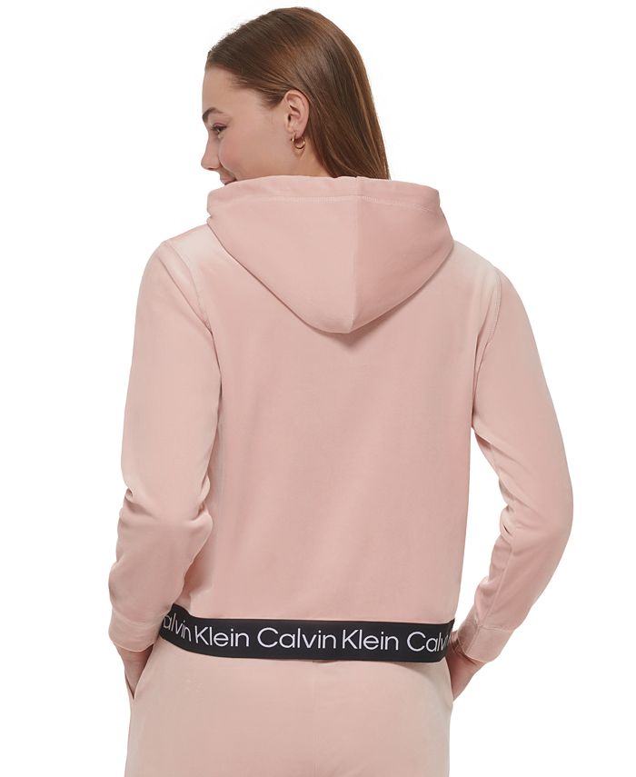 Calvin Klein Women's Cropped Velour Logo Trim Hoodie & Reviews Tops