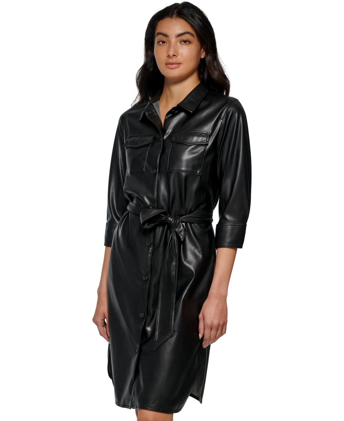 Calvin Klein Women's Faux Leather Belted Shirtdress