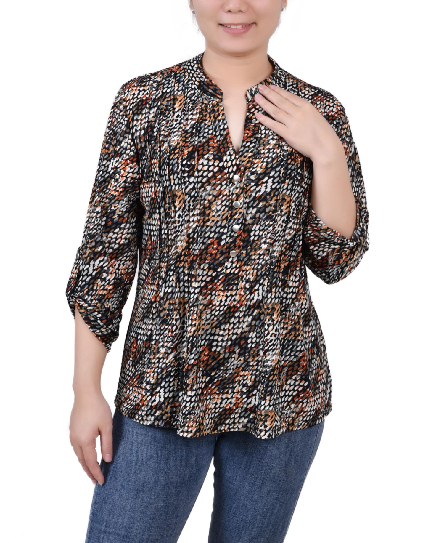 Petite 3/4 Roll Tab Sleeve Printed Pintuck Top
