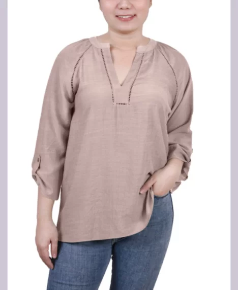 Petite Raglan Sleeve Split Neck Blouse - Oxford Tan
