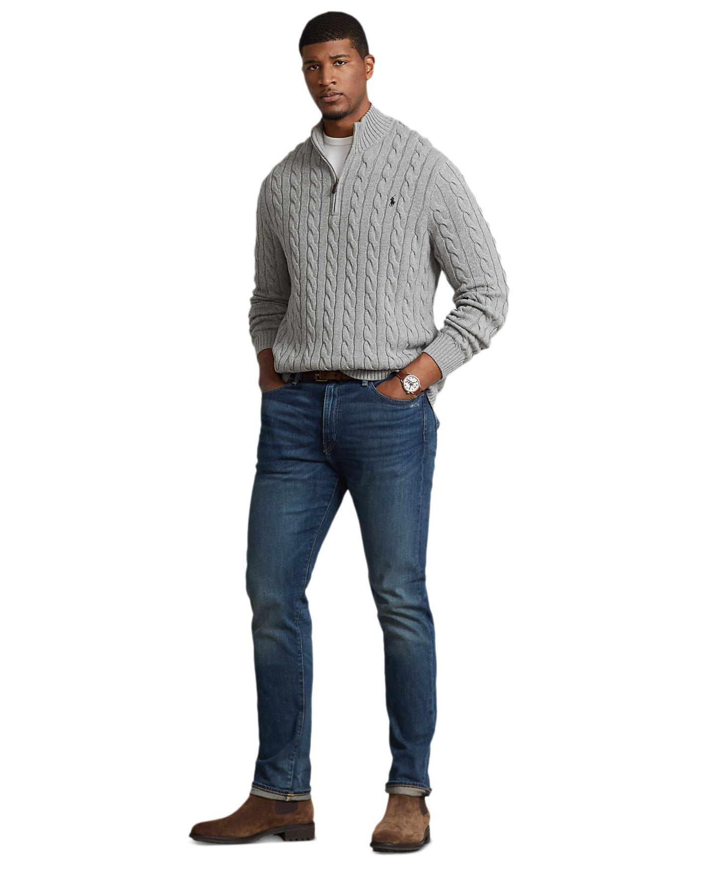 Мужской свитер Polo Ralph Lauren Big & Tall Cable-Knit Cotton Quarter-Zip, цвет: Палевый серый меланжевый — фото 13