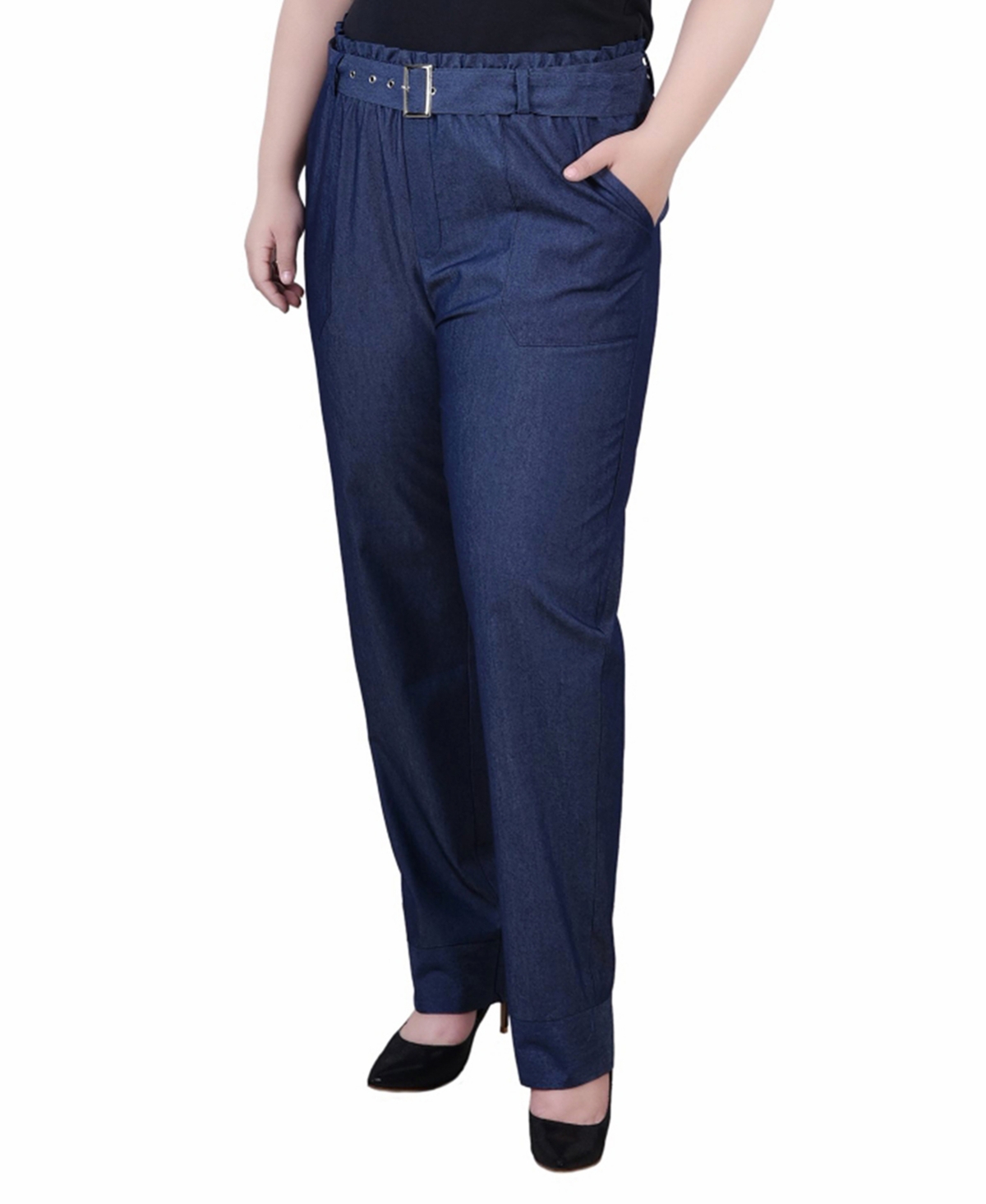 Ny Collection Plus Size Pull On Chambray Belted Pants In Dark Denim
