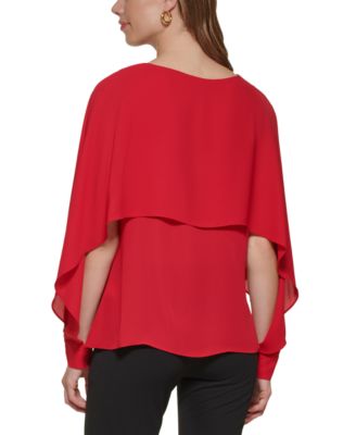 Petite Long-Sleeve Crewneck Cape Blouse