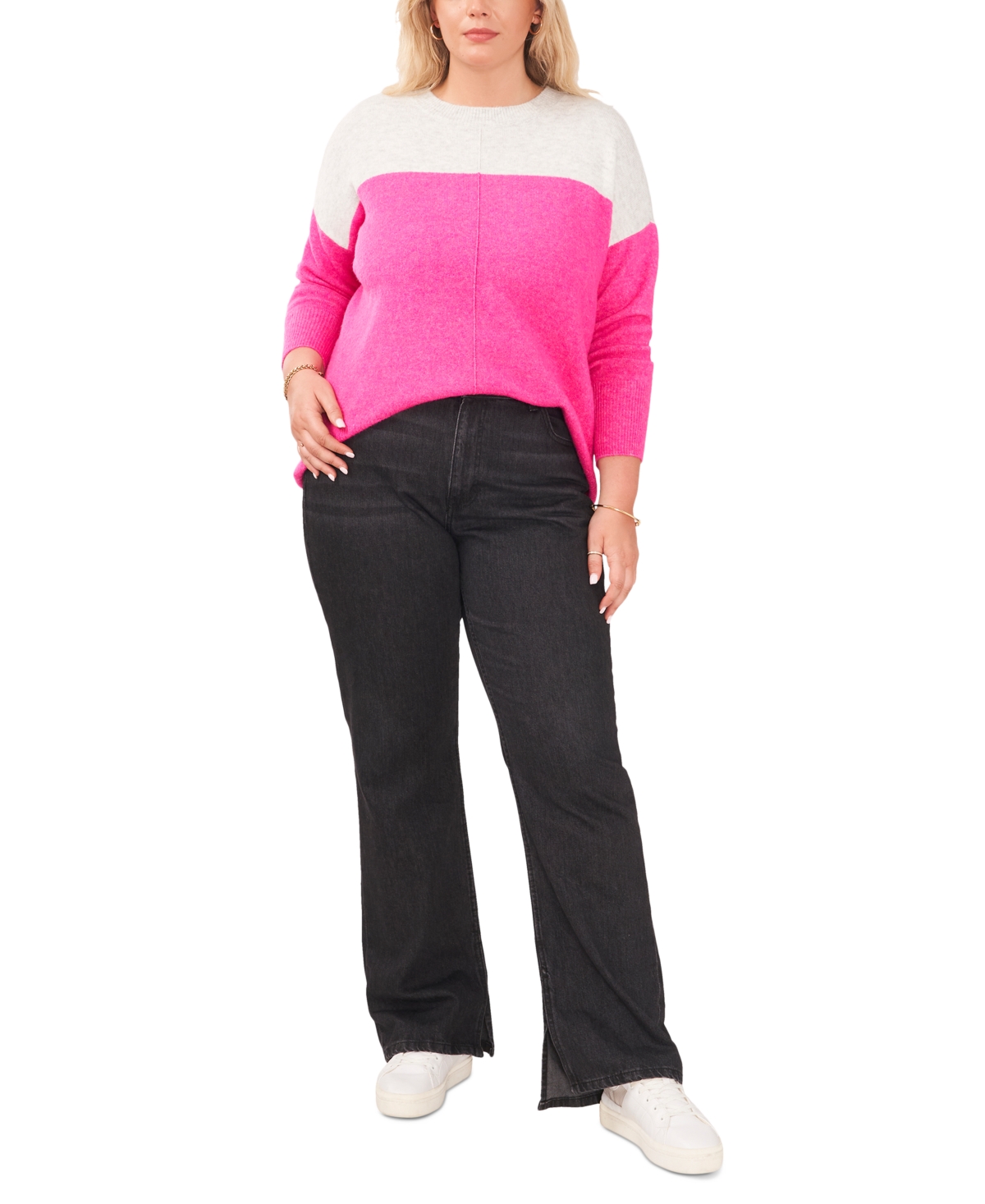 Vince Camuto Plus Size Cozy Extended Shoulder Color Blocked Sweater