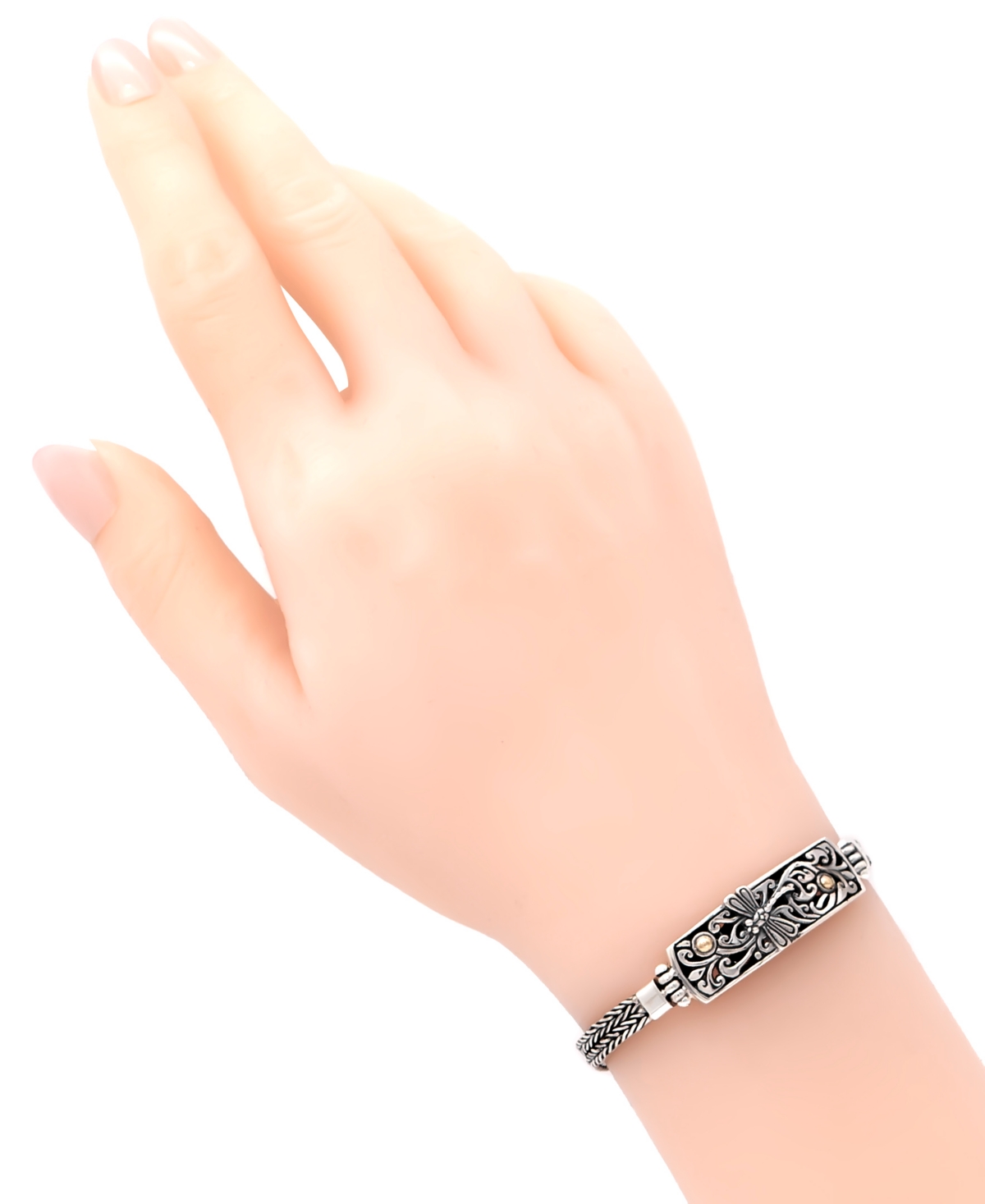 Devata Bali Dragonfly with Dragon Bone Oval 5mm Chain Bracelet in Sterlingand 18K Gold, inches - silver, gold