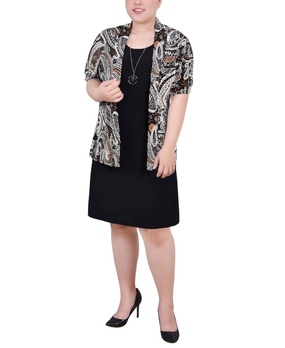 Ny Collection Plus Size 2 Piece Dress Set In Brown Paisley