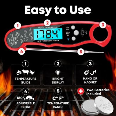 Instant Read Food Thermometer - Waterproof Digital Meat Thermometer