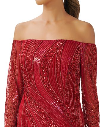 Adrianna Papell Women's Off-The-Shoulder Beaded Gown Brown Size 10