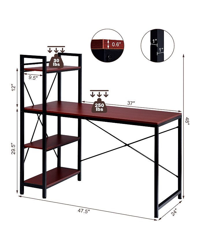 Costway 47.5'' Compact Computer Desk With 4Tier Storage Bookshelves