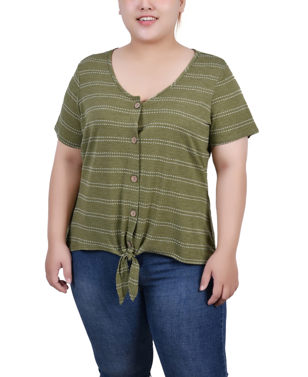 Plus Size Short Sleeve Tie Front Top - Olive