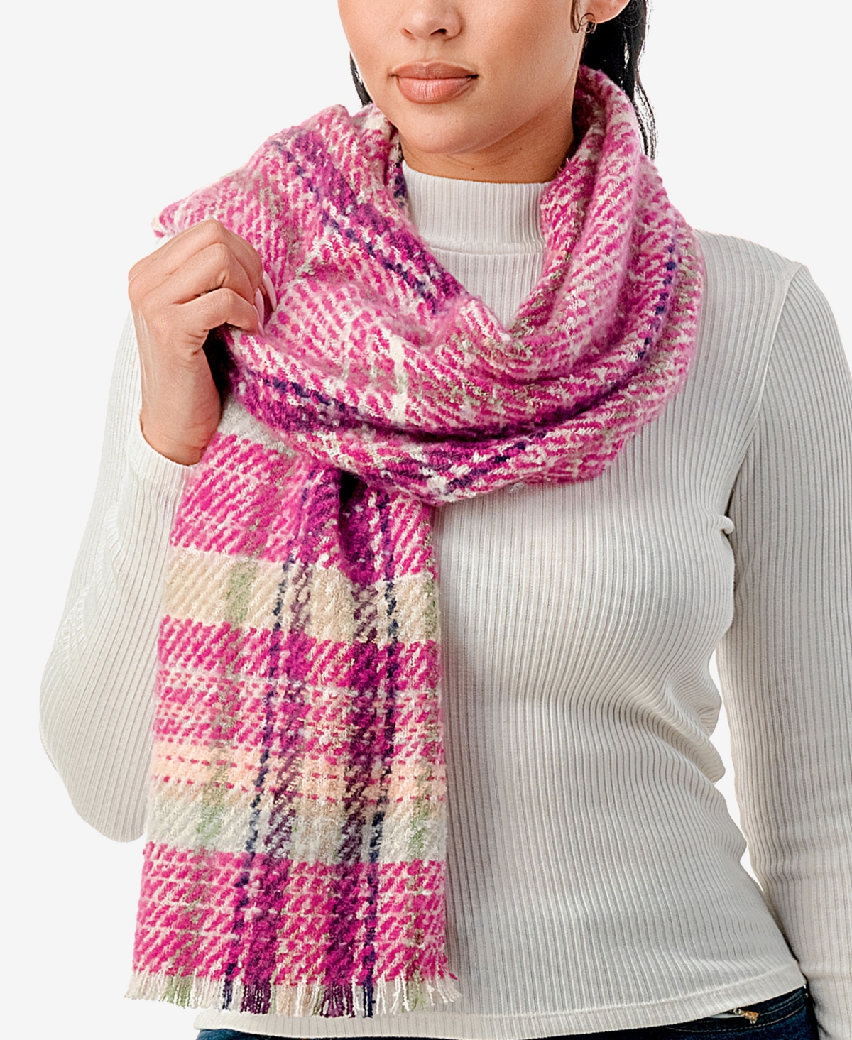Marcus Adler Women's Ultra Cozy Fringed Plaid Scarf In Bright Pink