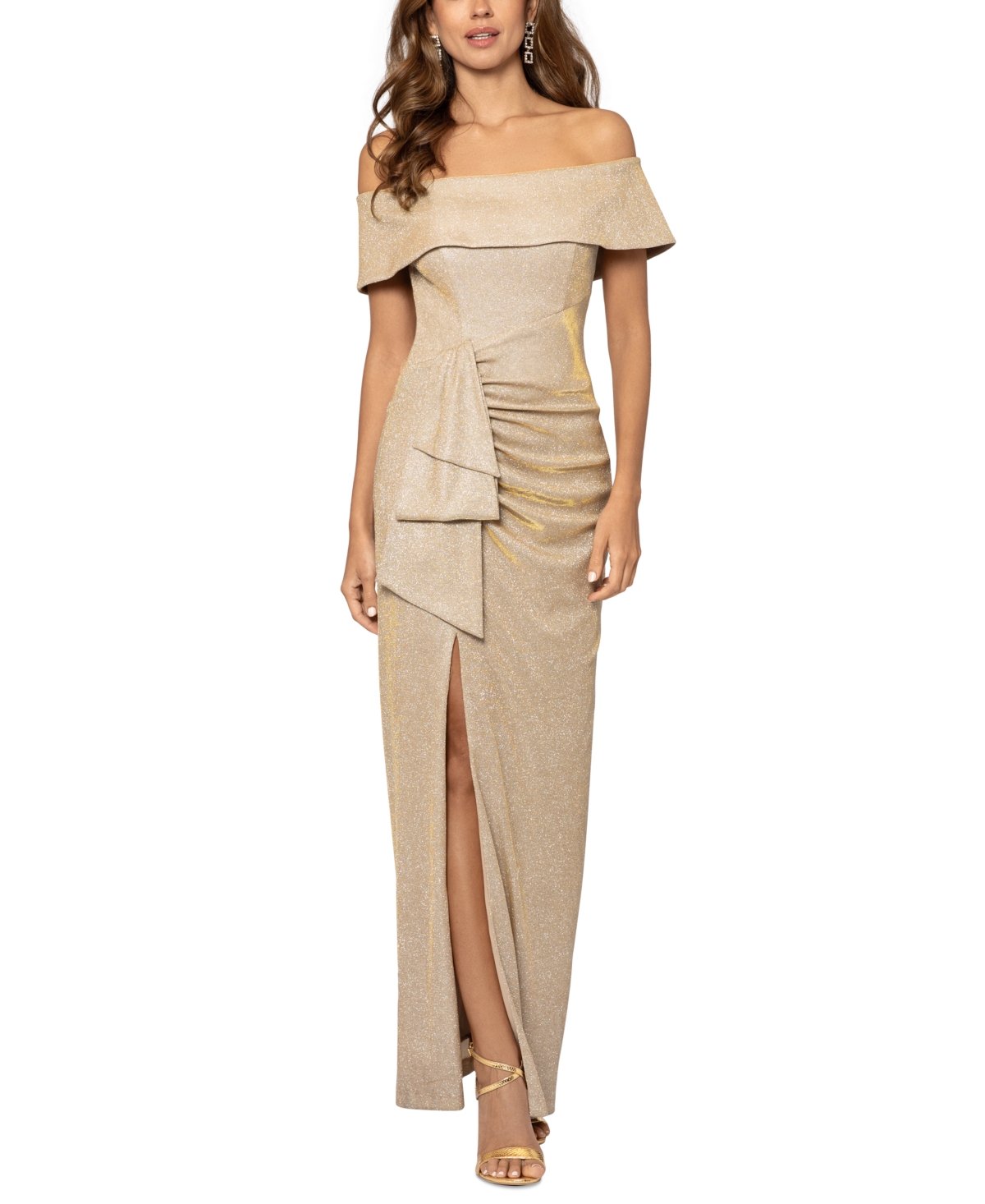 Xscape Women's Off-the-shoulder Draped-detail Leg-slit Gown In Gold Silver