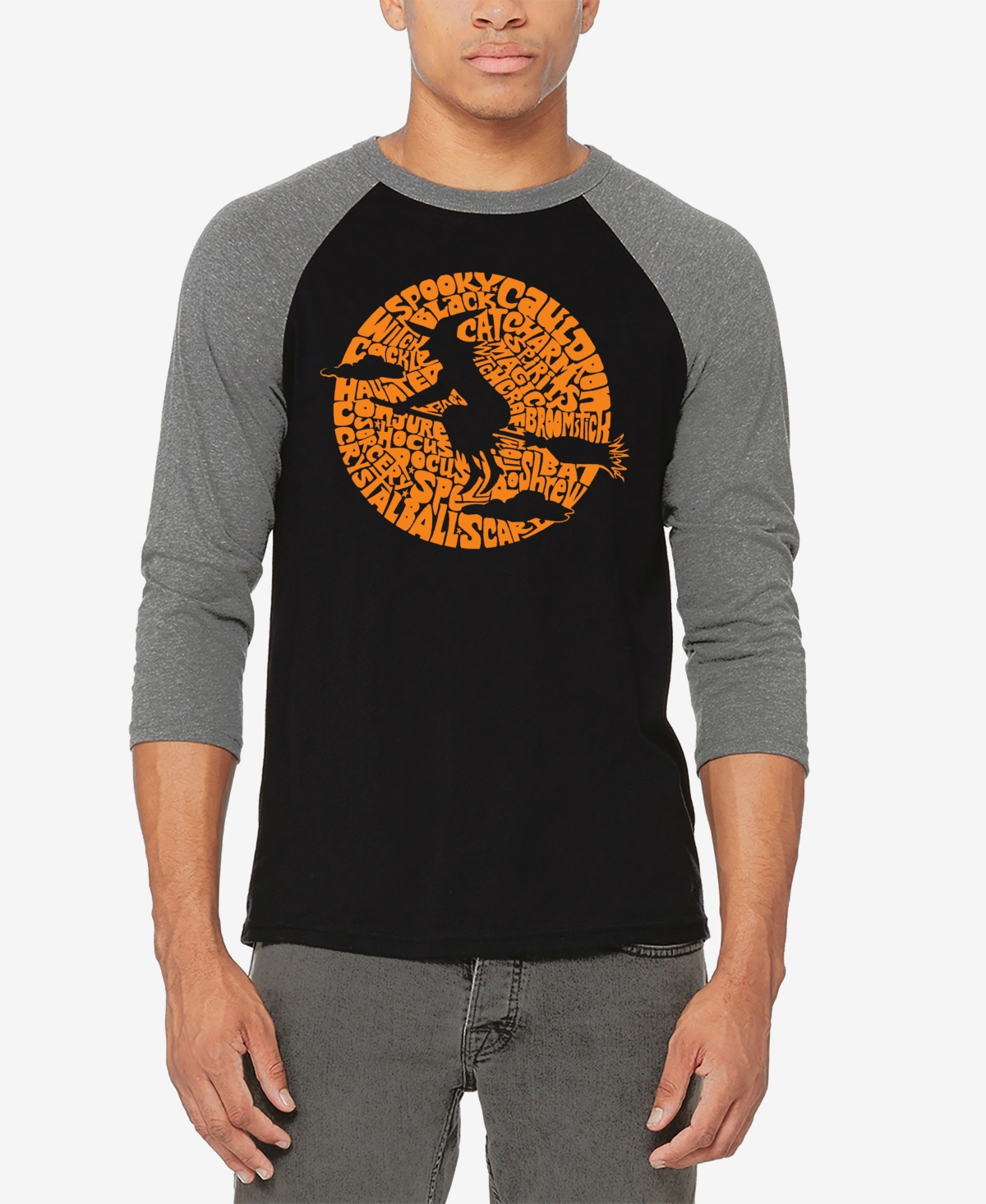 La Pop Art Men's Raglan Baseball Spooky Witch Word Art T-shirt - Black