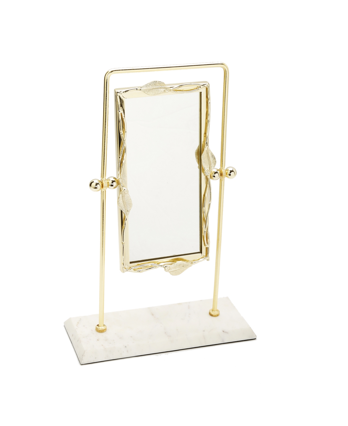 Rectangular Table Mirror Leaf Border Marble Base, 5" x 17" - Gold-Tone