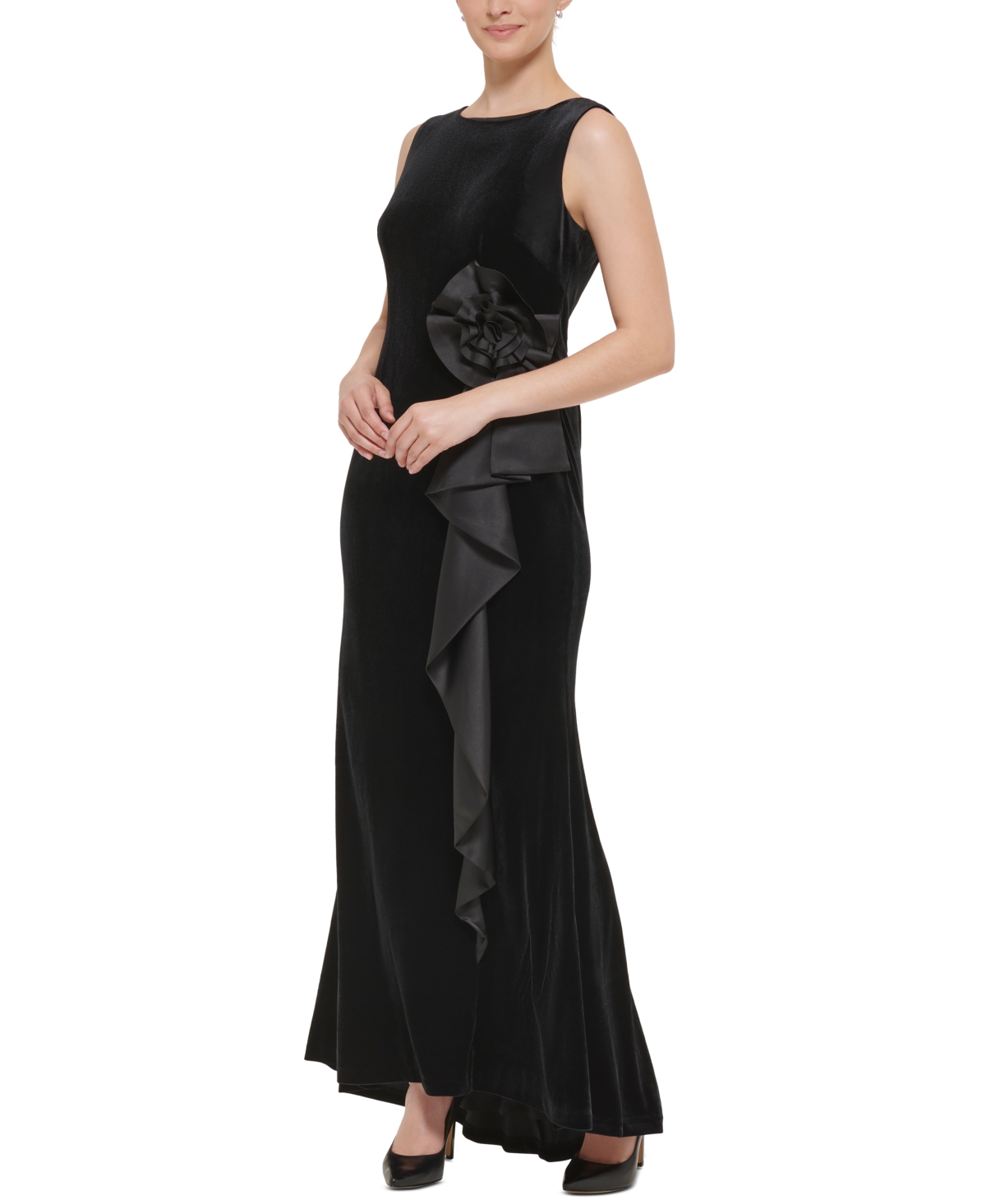 Jessica Howard Women s Rosette Waterfall Ruffle Gown Black Smart Closet