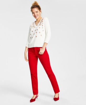 Charter Club Womens Sequined Puff Sleeve Sweater Tummy Control Jeans Created For Macys