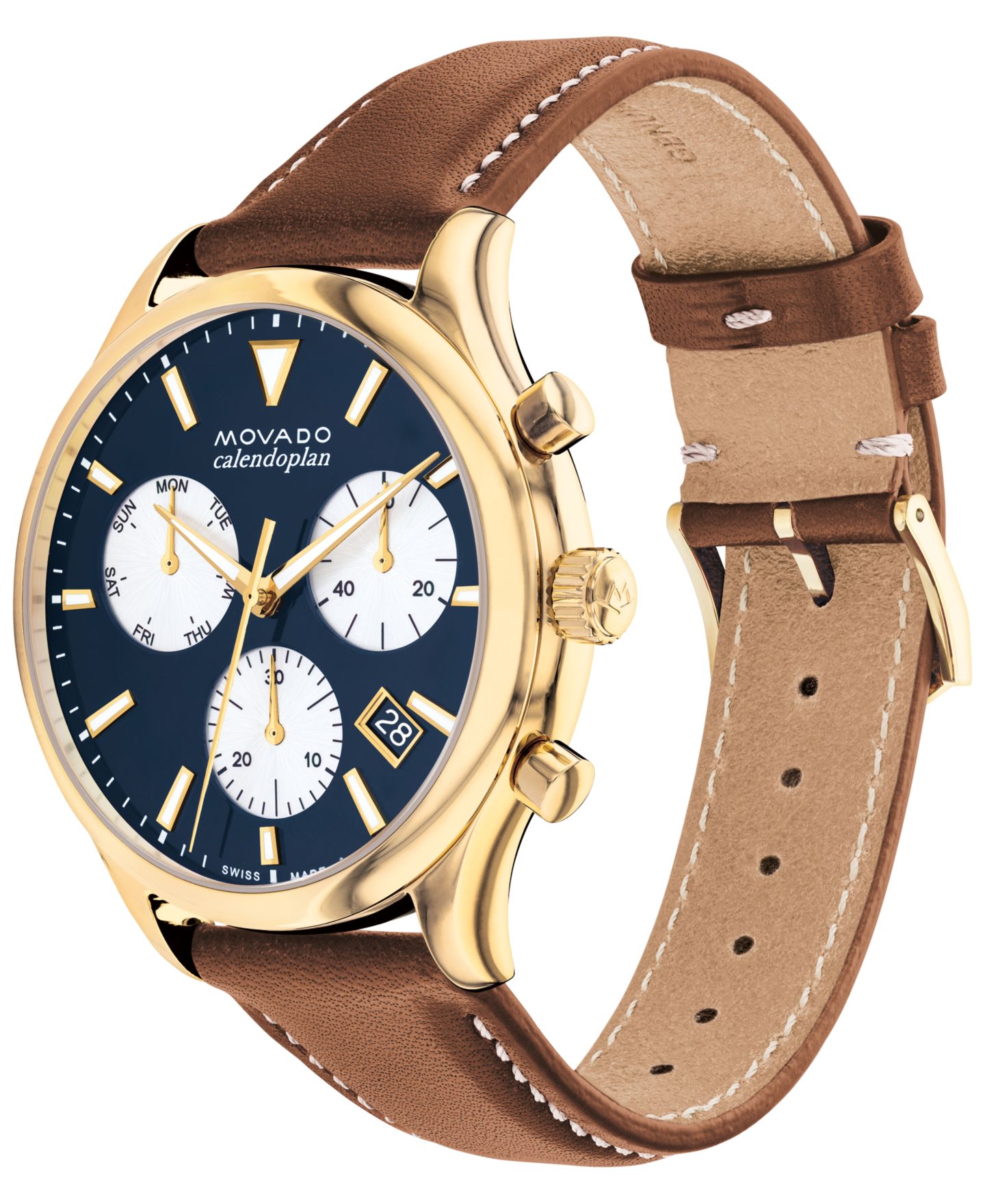 Мужские часы Movado Heritage Calendoplan Swiss Quartz Chronograph Cognac Genuine Leather Strap Watch 43mm — фото 3