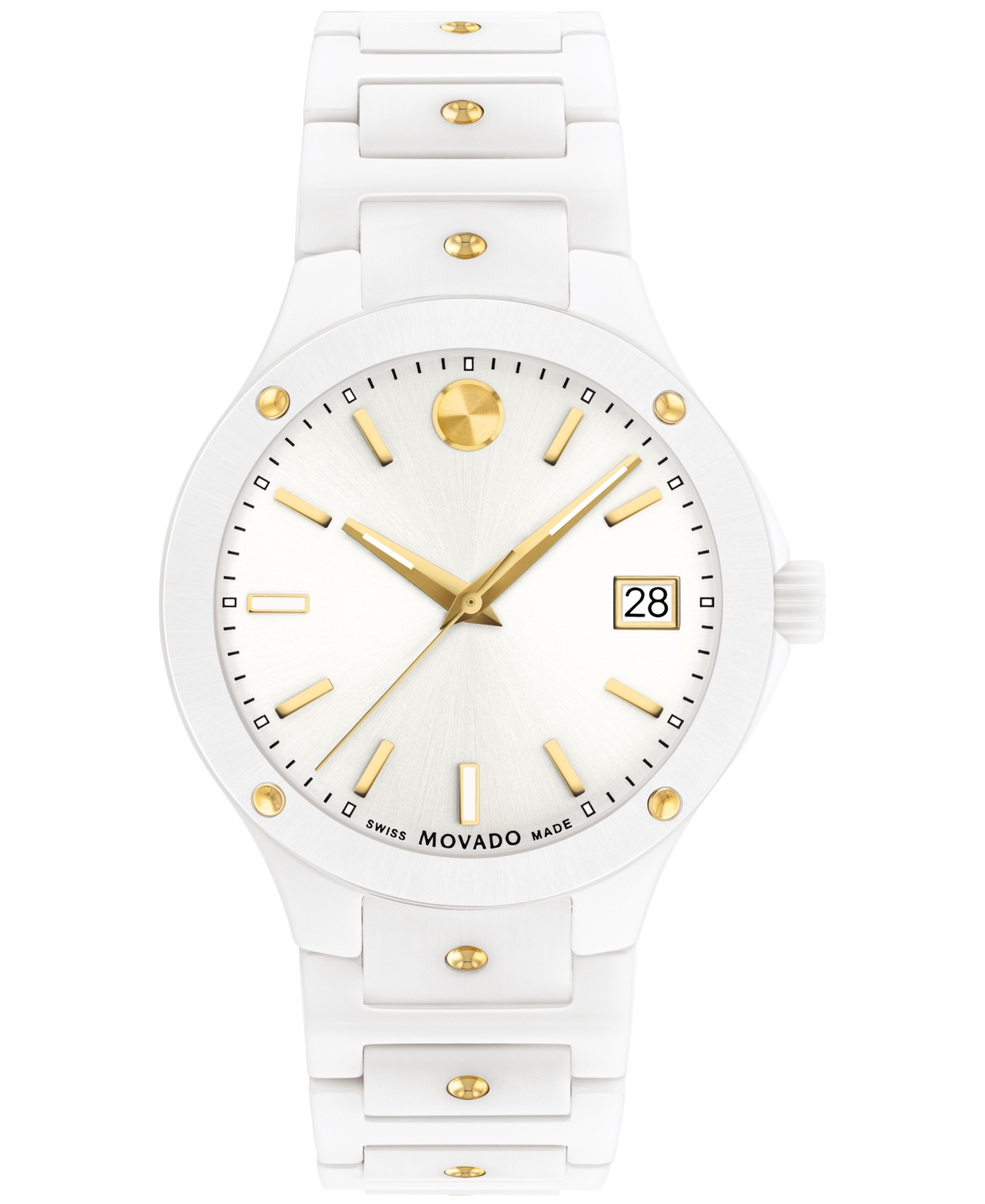 Shop Movado Women's Se Swiss Quartz White Ceramic Yellow Pvd Bracelet Watch 33mm In Two Tone