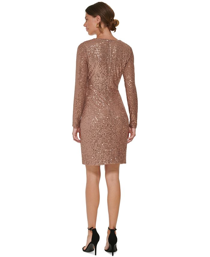 DKNY V-Neck Side-Ruched Sequin Long-Sleeve Dress - Macy's