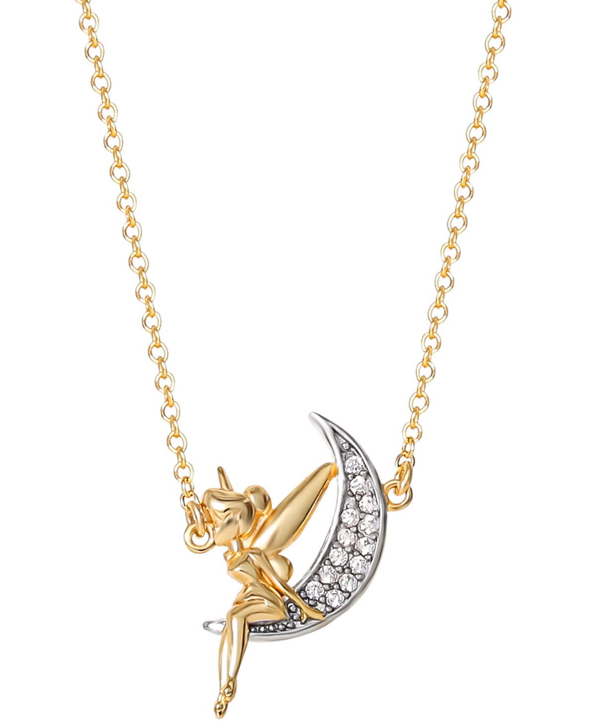 Disney Cubic Zirconia Tinkerbell & Moon 18" Pendant Necklace In Sterling Silver & 18k Gold-plate In Gold Over Silver