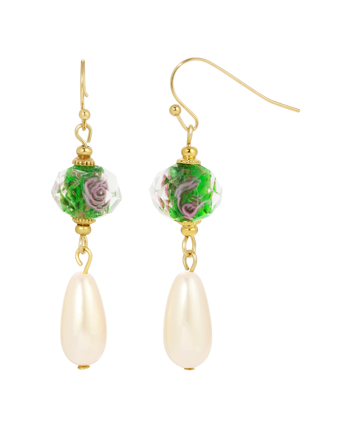 2028 Crystal Flower And Imitation Pearl Drop Earrings In Green