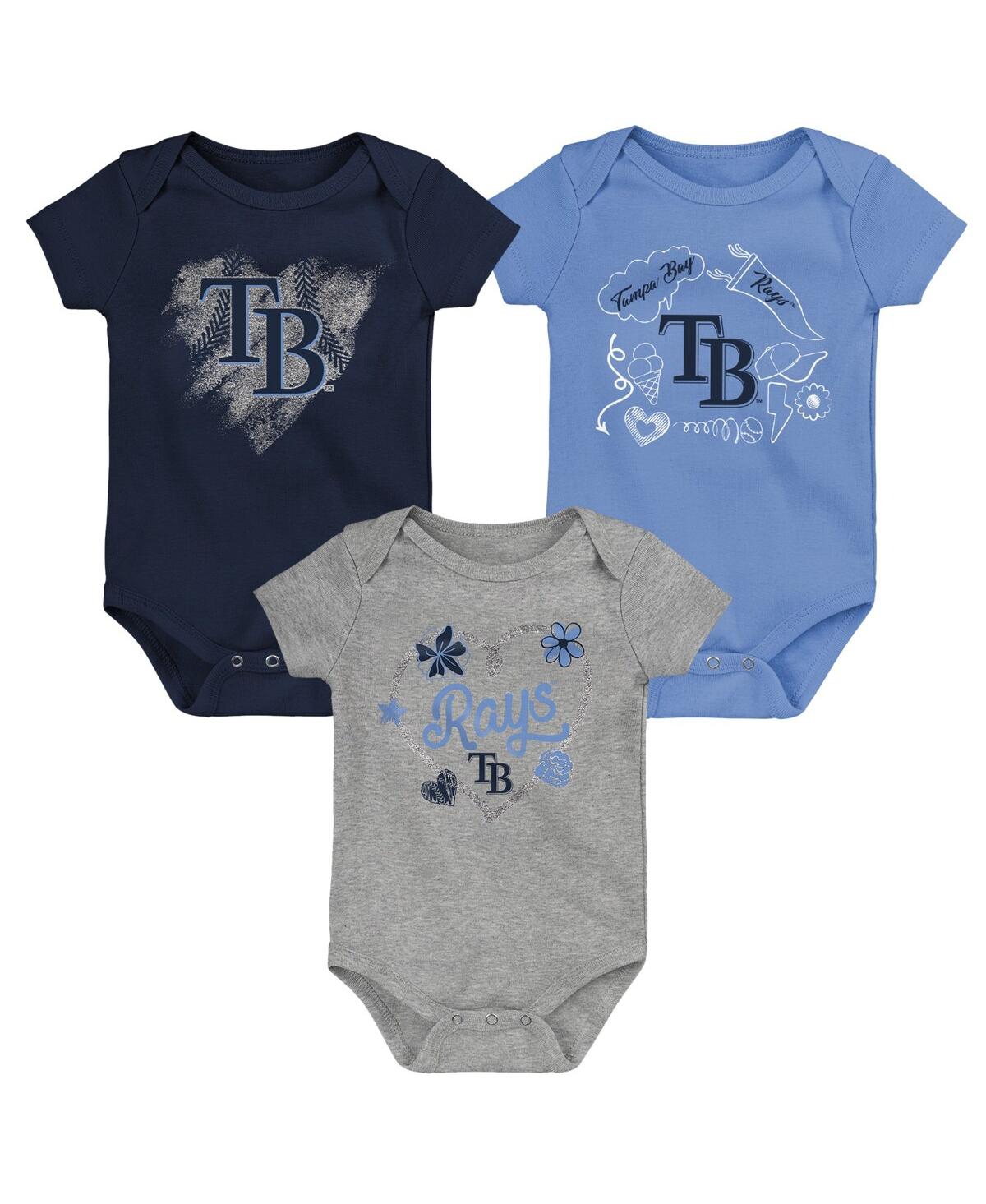 Outerstuff Babies' Infant Boys And Girls Navy, Light Blue, Heathered Gray Tampa Bay Rays Batter Up 3-pack Bodysuit Set In Navy,light Blue,heathered Gray