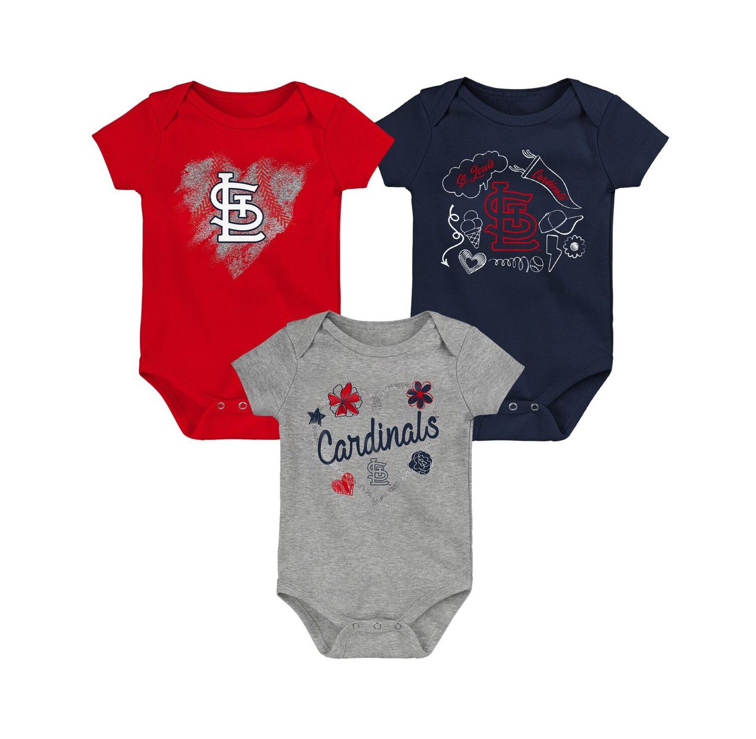 Girls Newborn and Infant Red, Navy, Heathered Gray St. Louis Cardinals 3-Pack Batter Up Bodysuit Set